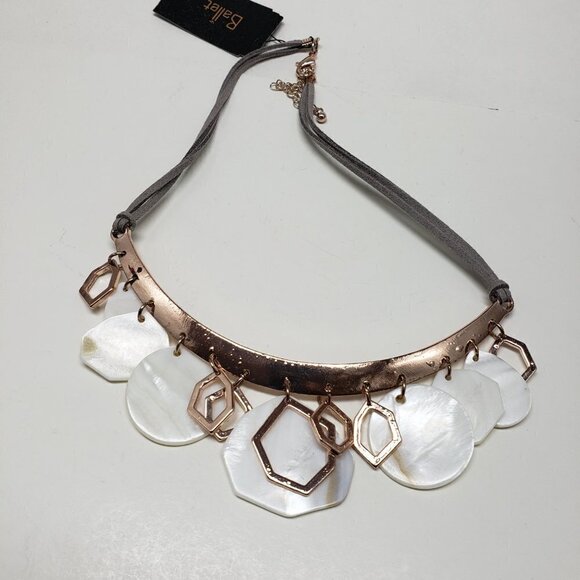 Polished  Rose Gold-tone, shell discs and Leather Statement Necklace - Picture 3 of 8